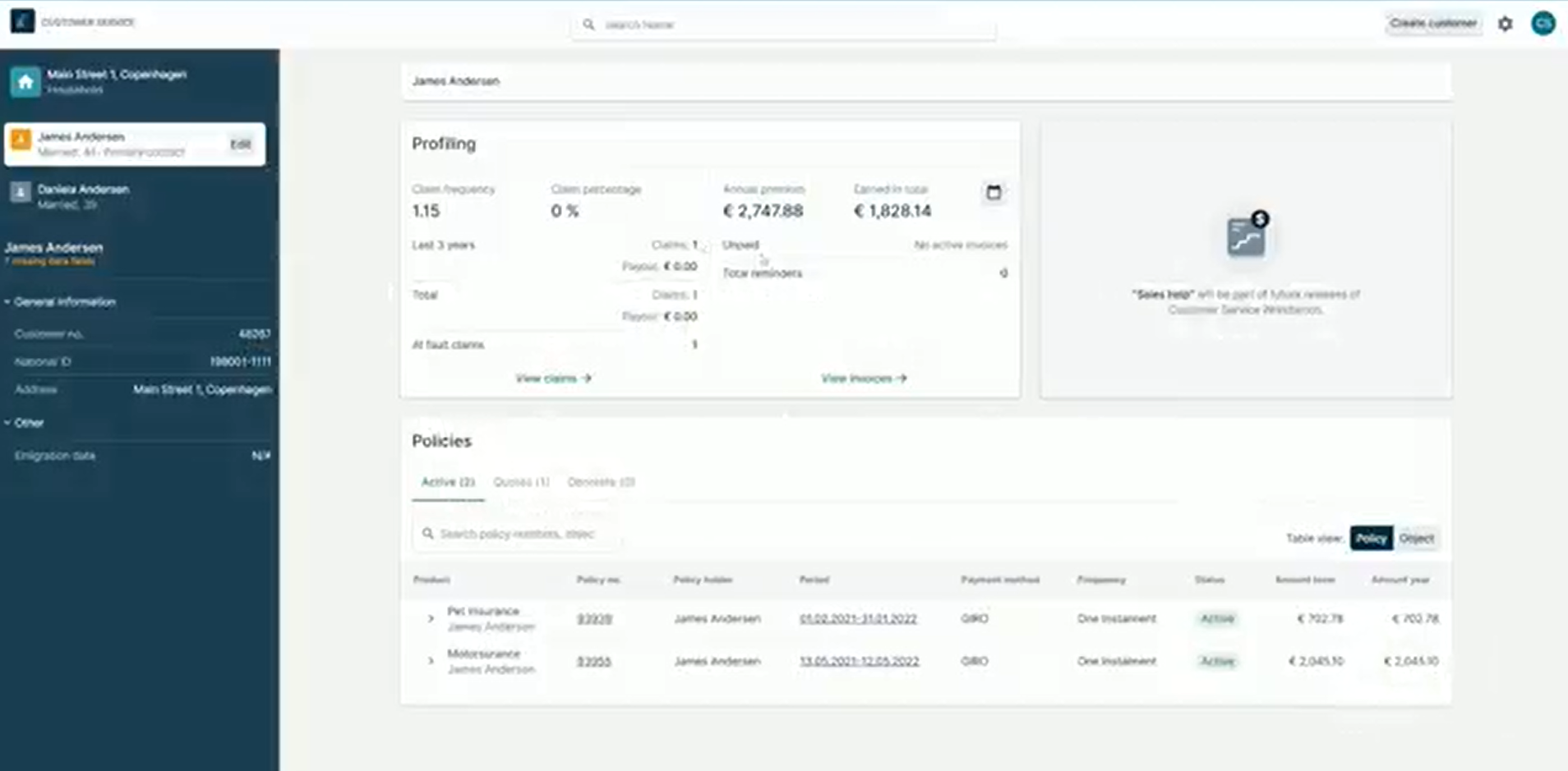 A customer record in the workbench. A dark left rail lists a household with its members and a warning that seven data fields are missing, beside a Profiling panel of claim and premium figures and a Policies table of active policies.