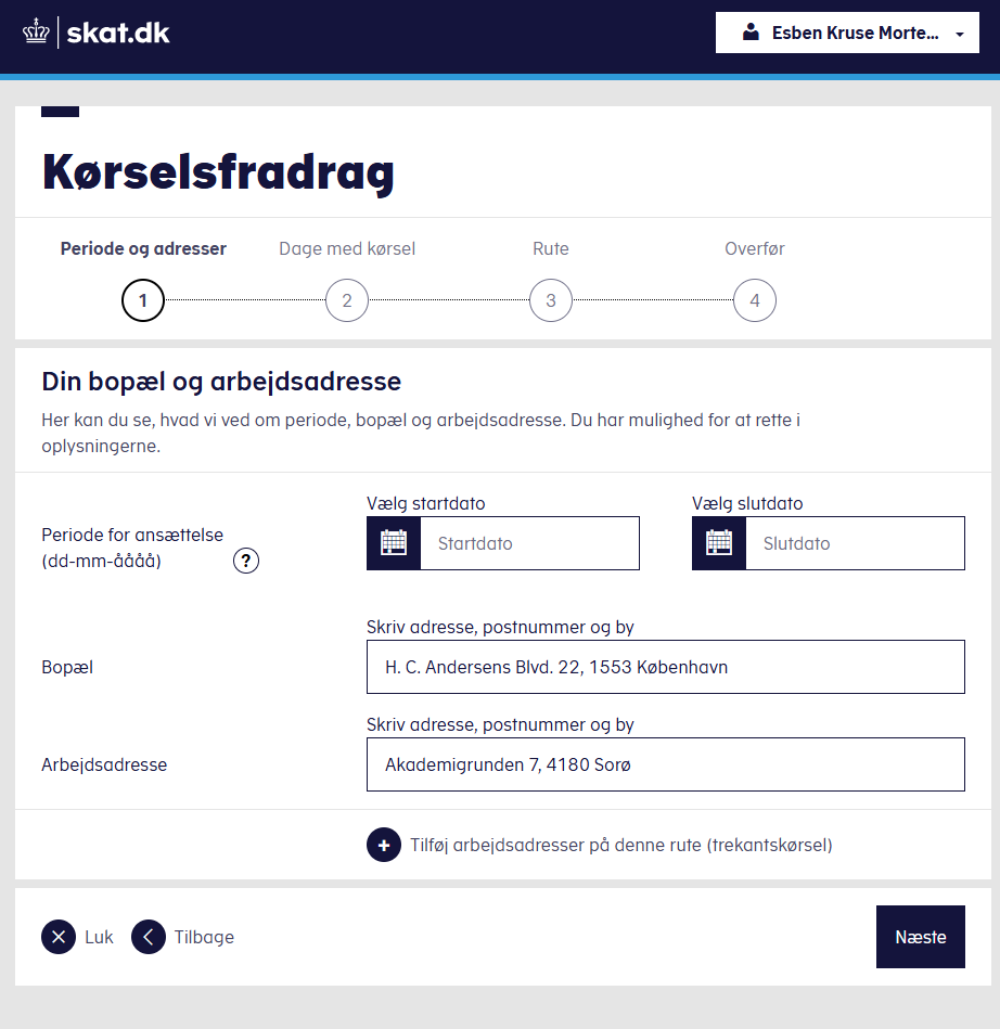 The commute deduction calculator's first step, asking for the deduction period and the citizen's home and work addresses.